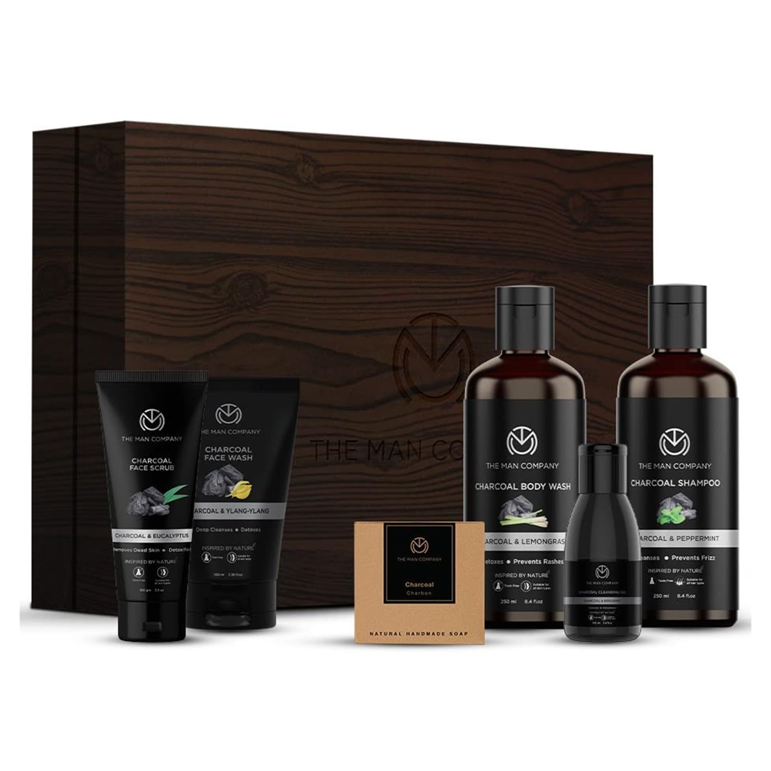 

Набор для ухода за волосами The Man Company Charcoal Grooming Kit с гелем для душа, шампунем, скрабом для лица, средством для умывания, очищающим гелем, твердым мылом, подарочный набор Combo, набор из 6 предметов Set of 6