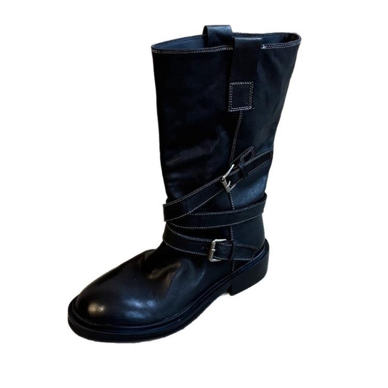 Retro fashion locomotive mid boots metal buckle design spring thick heel Martin boots fried street cool sa wind women's boots