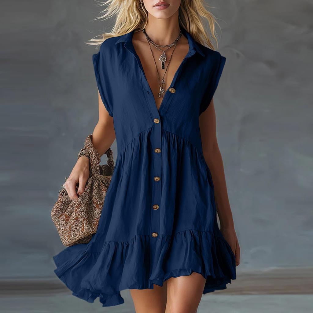 Women Button Down Shirt Dress Ruffle Hem Pocket Cotton Linen Sleeveless Casual Mini Dress for Everyday Wear