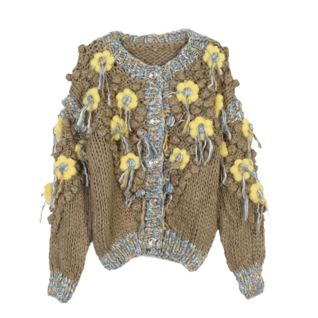 Cozy Color Block Tassel Sweater with 3D Flower Knit Design