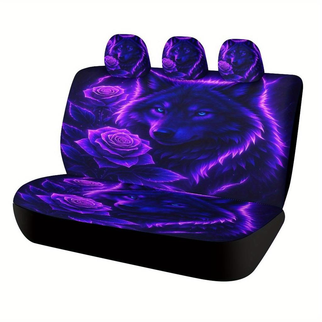 Purple Wolf Roses Designed Car Seat Cover Set For Most Cars - High-quality Comfortable Full Set Protector Covers For 2 Front Sea