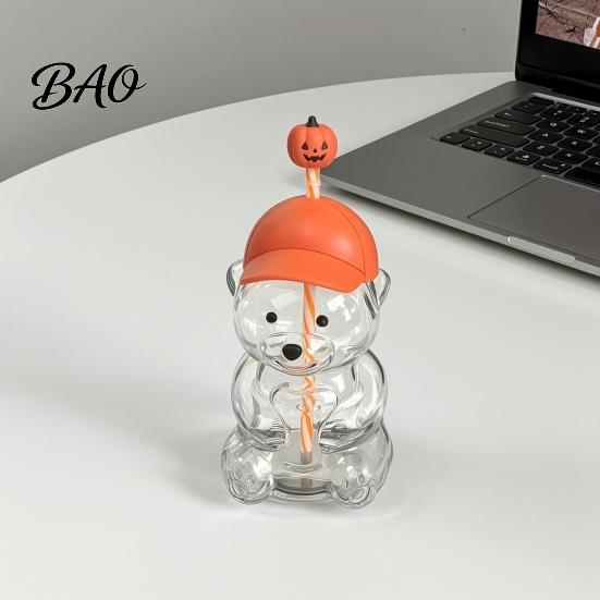 20oz Glass Tumbler 600ML Bear with Lid & Straw, Borosilicate Drinking Heat Resistant Cup for Iced Coffee, Boba Tea, Milk, Gift Women Girls Juice
