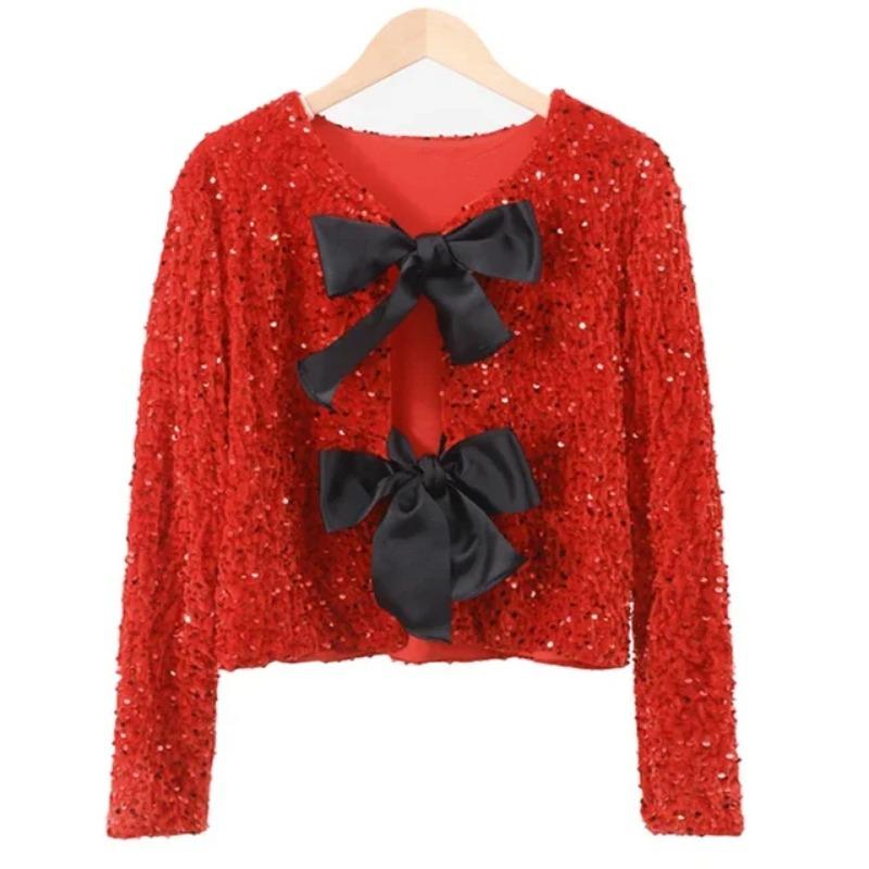 Elegant Bow Handmade Sequins Short Shirt Women Lace-Up Shinny Sweet Top New Fashion Long Sleeve O-neck Blouses Beautiful Thin Coat Casual Outwear