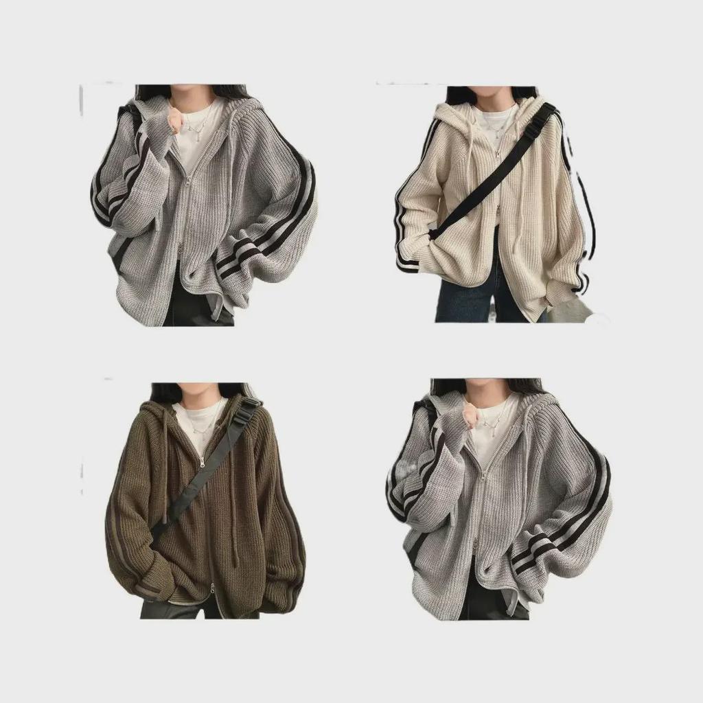 Korean Autumn/Winter Hooded Drawstring Loose Fit Sweater Jacket
