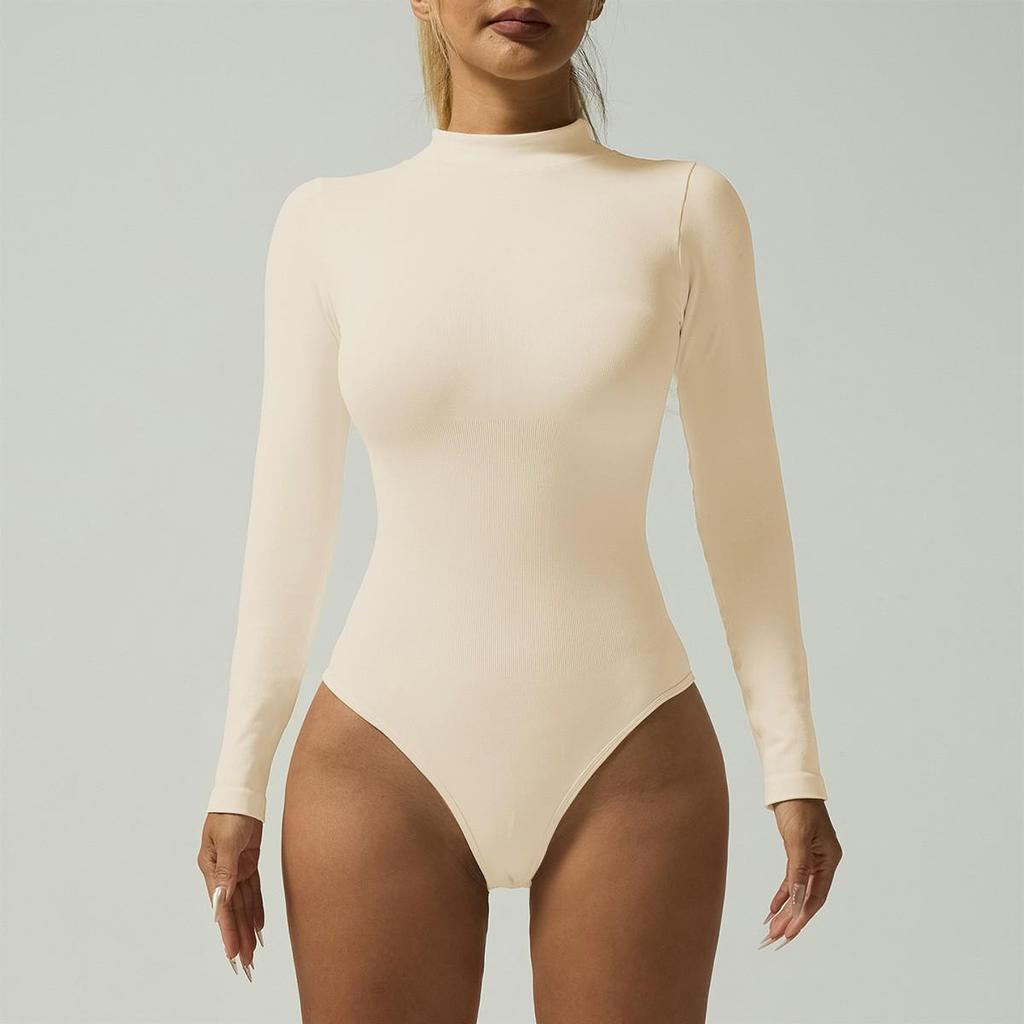 Women's High Neck Ribbed Long Sleeve Bodysuit for Autumn/Winter - Slim Fit Sports & Yoga Jumpsuit