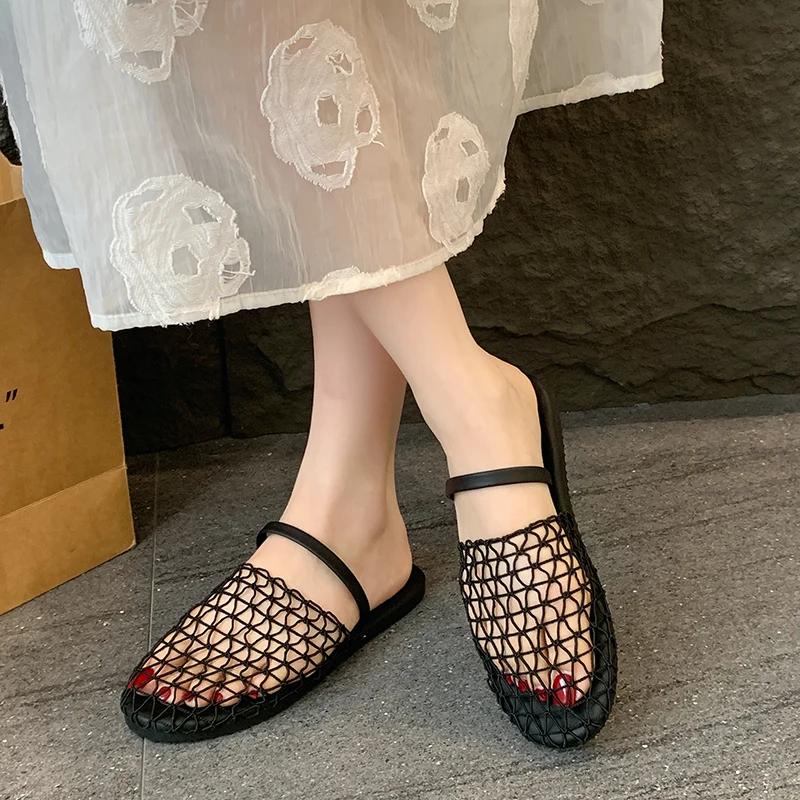 Fashion Women's Slippers Flat Sole Round Toe Mesh Upper Cover Toe Women's Mules Shoes Women Dress Outdoor Breathable Zapatillas De Mujer