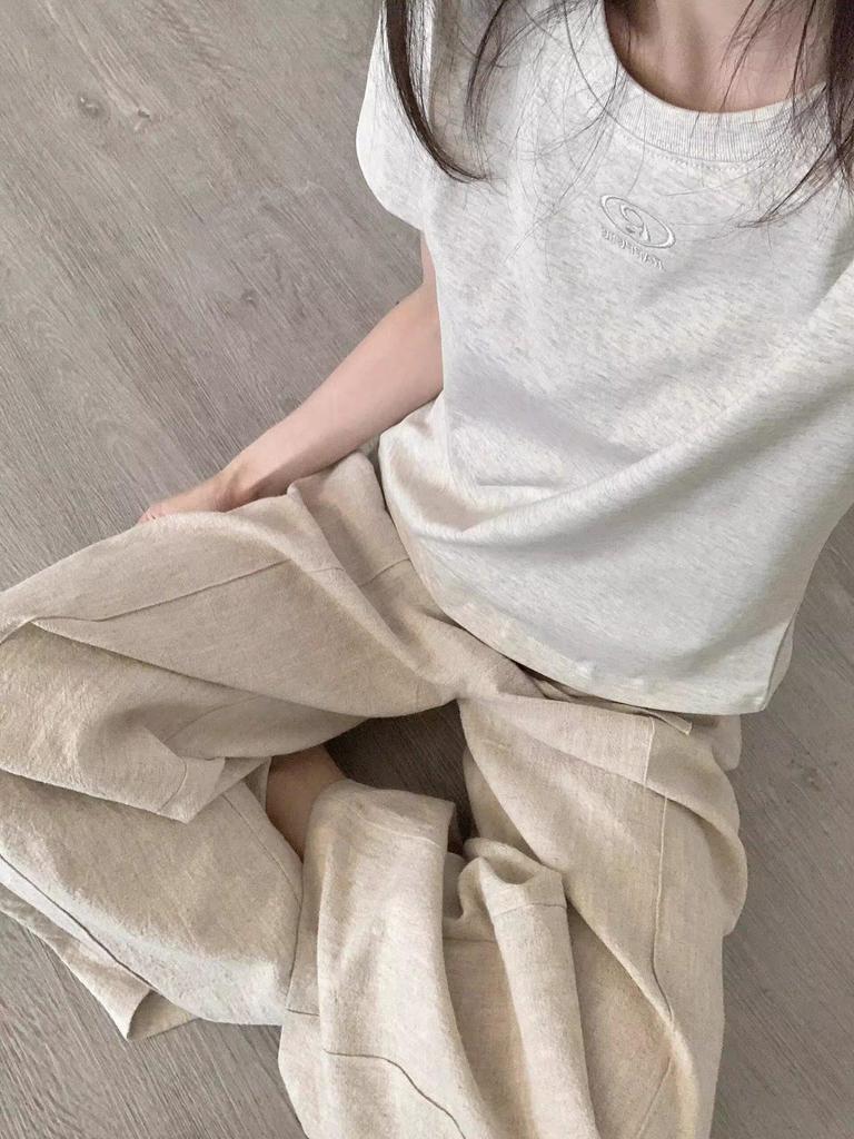 Women's American-Style Gray Embroidered Short-Sleeve T-Shirt, Summer 2025, Small Size, Loose Fit, Casual Straight-Shoulder Top