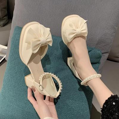 Fashion All-Match Bow Shoes 2024 Sandals Mary Jane Clear Heels Suit Female Beige Med Anti-Skid New Closed Black Block Comfort Medium Gir
