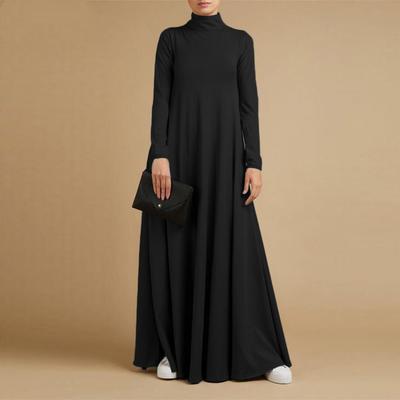 Damen Rollkragen Langarm Maxikleid Lockere Passform Einfarbig A-Linie Lässiges Abaya Langes Kleid