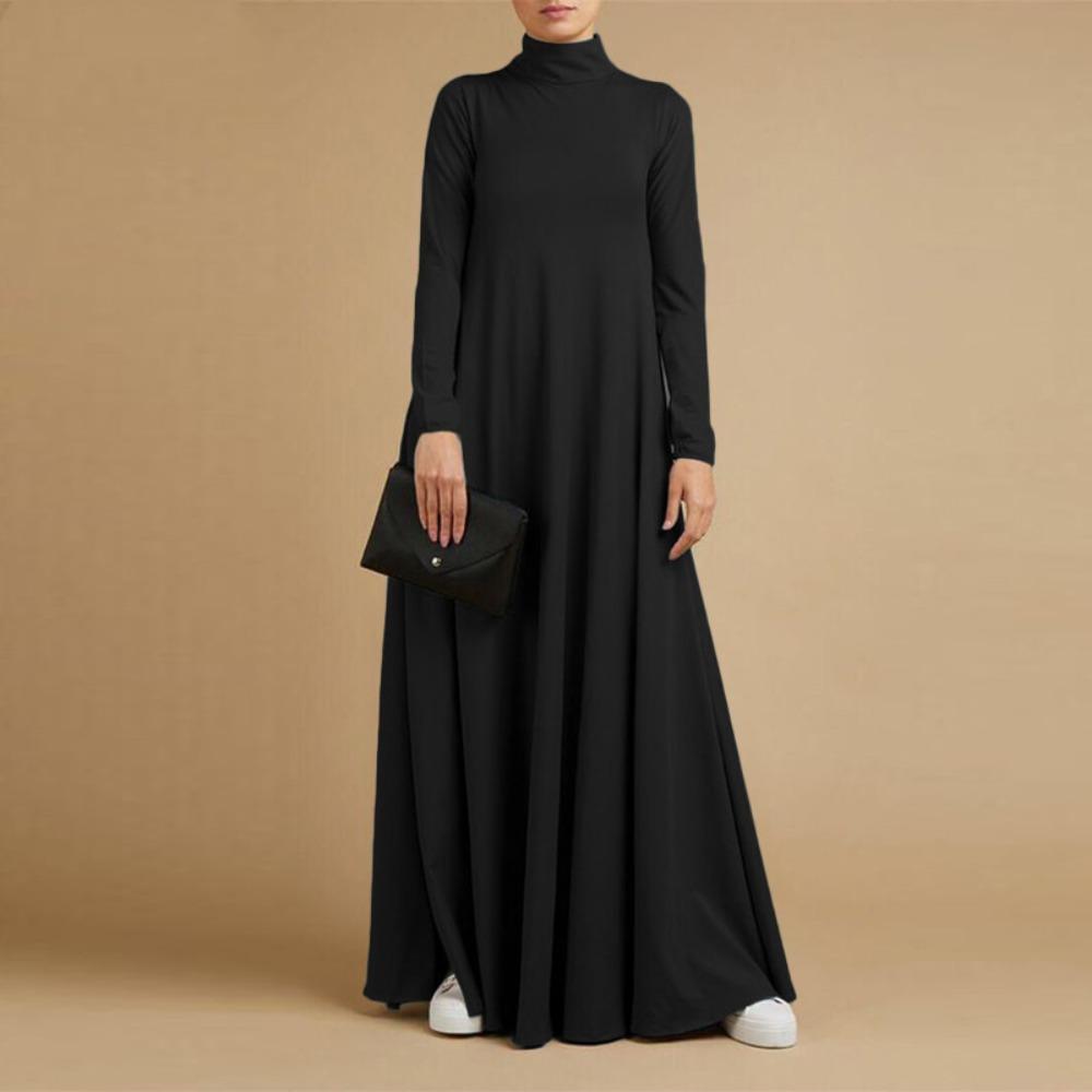 Damen Rollkragen Langarm Maxikleid Lockere Passform Einfarbig A-Linie Lässiges Abaya Langes Kleid