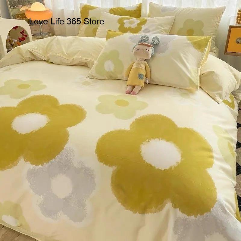Sweet Blue Love Heart Printed Bedding Set For Girls Adults Children Bed Cover And Flat Sheet Pillowcases Soft Full Size 3/4pcs
