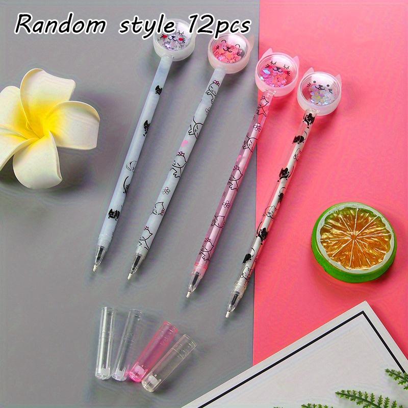 12pcs 0.5mm White/Pink cartoon sequin cute cat shape Black water pen, Smooth writing Office stationery files signature pen Supplies, Cute style School