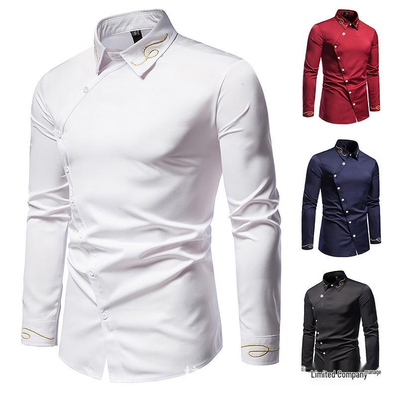 European Hollow-Out Asymmetrical Embroidered Men's Long Sleeve Western Shirt