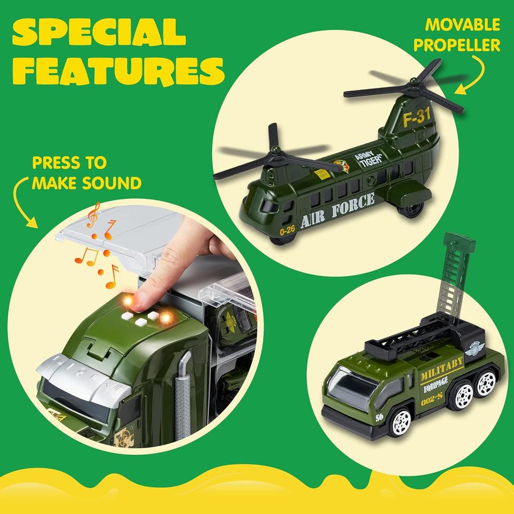 JOYIN 25 in 1 Green Military Big Truck Toys Army Men Tanks Set with Soldier Men Battle Car Toy in Carrier Truck for Boys Gifts