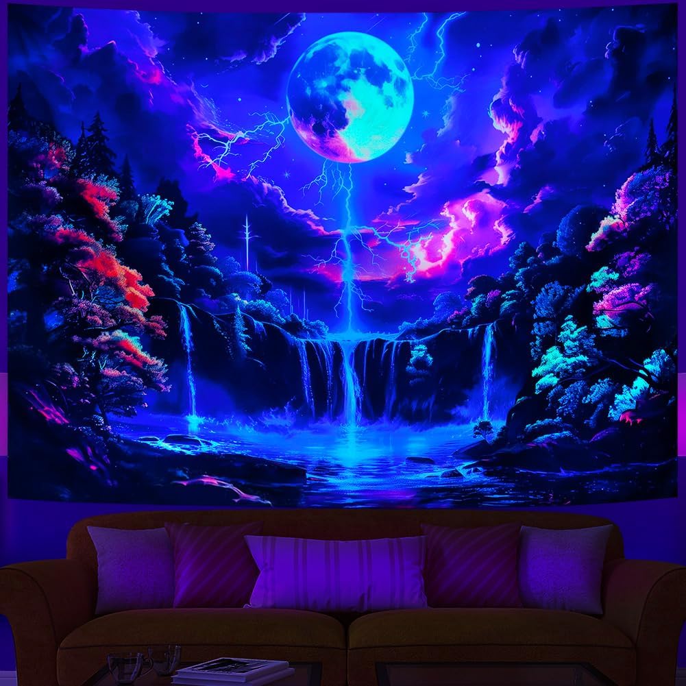 Heopapin Blacklight Tapestry Fantasy Moon Lightning Tapestries UV Reactive Tapestry Magic Waterfall Forest Landscape Tapestries Wall Hanging for