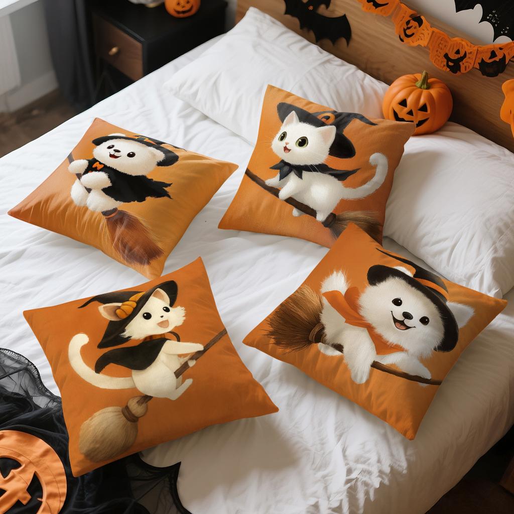 Witch Dog Cat Riding Broom Pillowcase Printed Polyester 45X45Cm Throw Pillowcover Decorative Sofa Cushion Pillowslip Home Decor