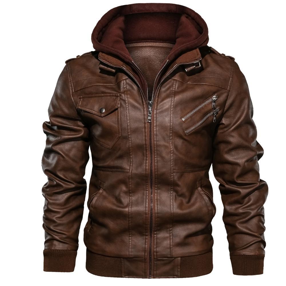 Men's Leather Retro Motorcycle PU Leather Jacket Autumn and Winter Removable Men's Hooded Jacket