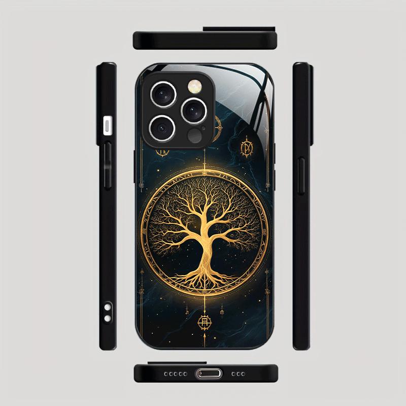Mystic Golden Tree Pattern White Glass Phone Case - Light Luxury for iPhone 16 Pro Max 17 17 Air 17 Pro 11 12 13 14 15 16 7