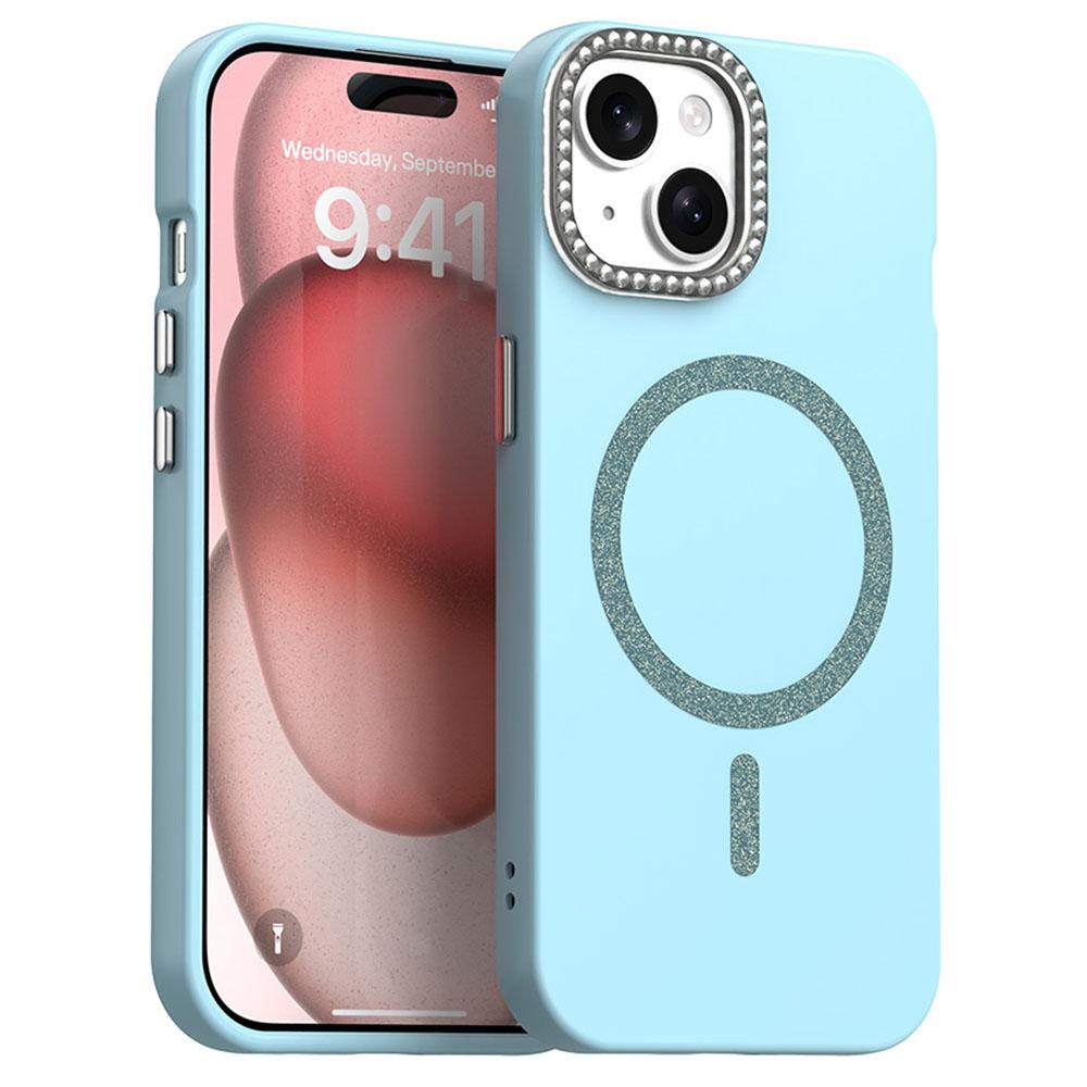 For iPhone 15 Case Compatible with MagSafe TPU+PET Phone Cover with Rhinestone Decor Lens Frame