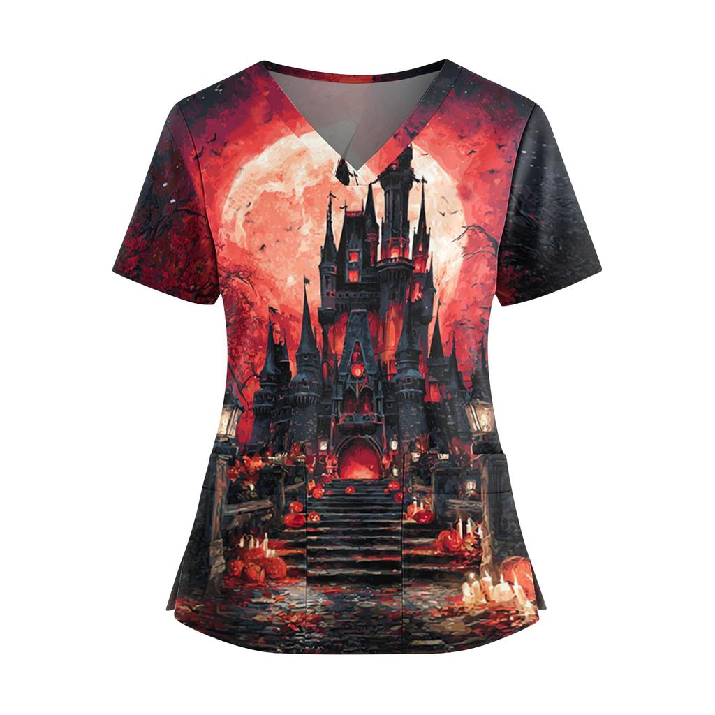 Women’s V Neck Short Sleeve Work Top with Side Slits Pockets and Halloween Print Suitable for Office and Casual Wear