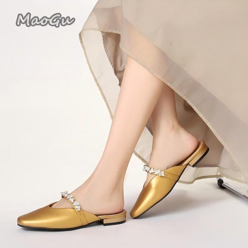 Fashion French Rhinestone Cover Toe Slippers for Women Slip On Women's Footwear Fashion Low Heel Pumps Soft Leather Comfortable Mules