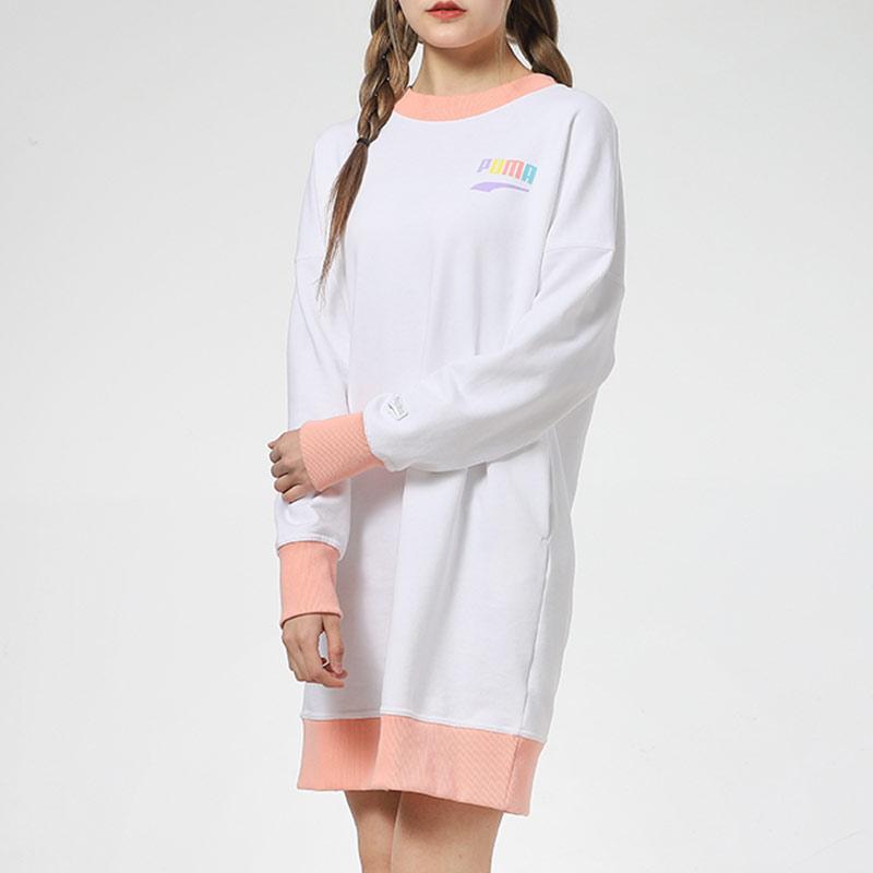 Puma Contrast Ribbed Letter Print Round Neck Long Sleeve Dress Women Dress White 531436-02