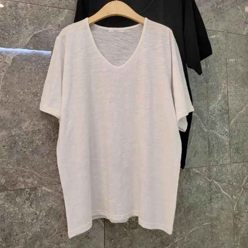 Bamboo Cotton V-neck Short-sleeved T-shirt Women Summer Wide Slightly See-through Versatile Casual Bottoming Printed Tops