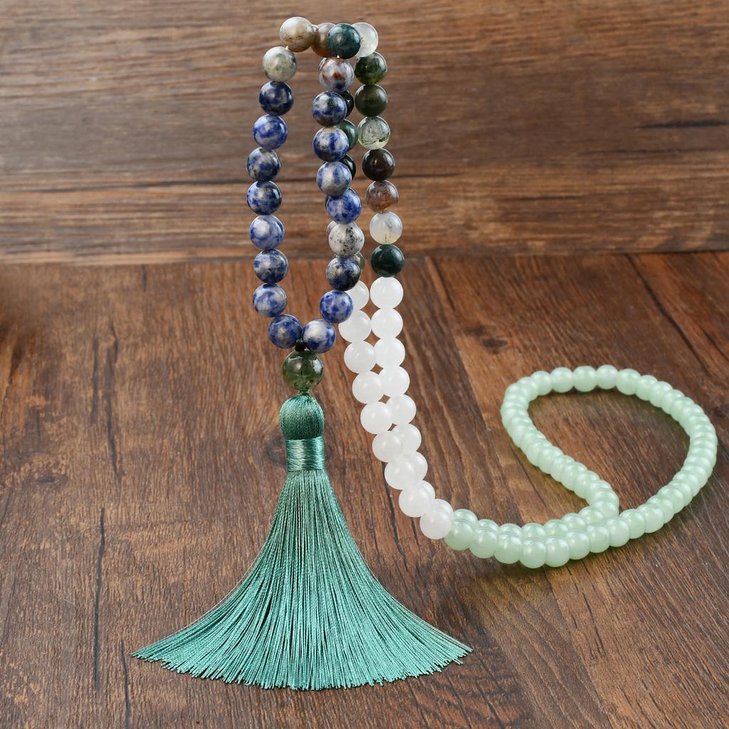 108 Mala Beads Tassel Pendant Long Necklace Women's Bohemian Green Aventurine Indian Agate Blue Dot Stone Handmade Zircon