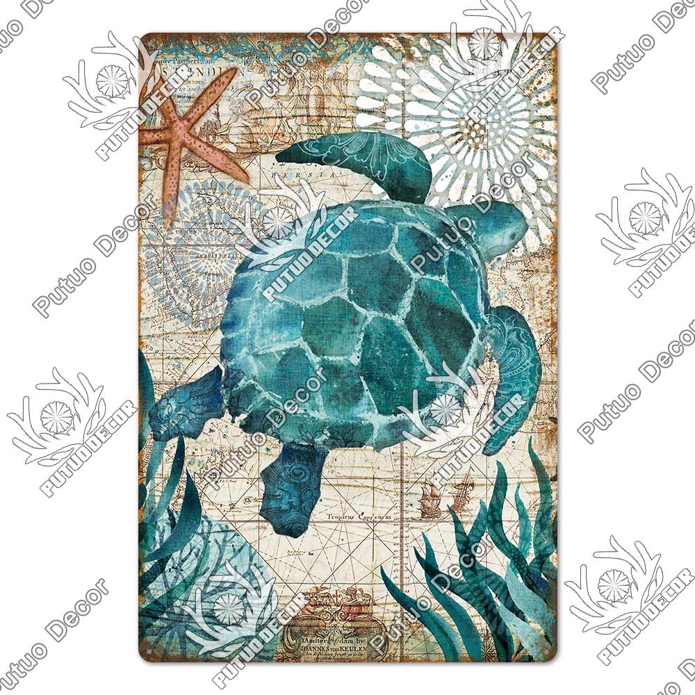 Decor Marine Animals Tin Sign Vintage Plaque Metal Wall Retro Posters for Beach Bar House Decorative Art Iron Painting