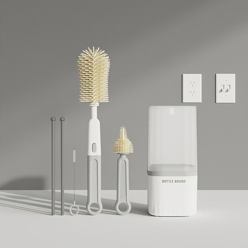 Baby Silicone Bottle Brush Portable Straight Handle Cleaning Tool Set 360° Rotating Drying Rack Combination Bottle Washing Brush