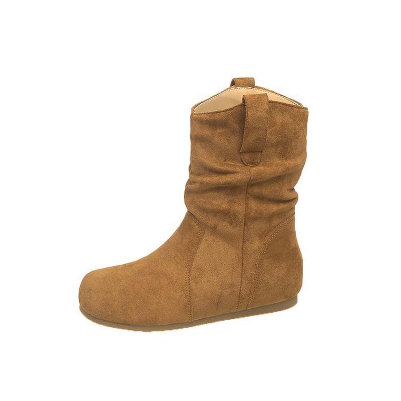 Vintage round head pleated medium tube women's boots suede small skinny boots women's sleeve knight boots