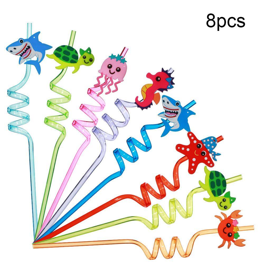 8pcs Birthday Gifts Party Decorations Ocean Animal Plastic Straws Drinking Straws Reusable