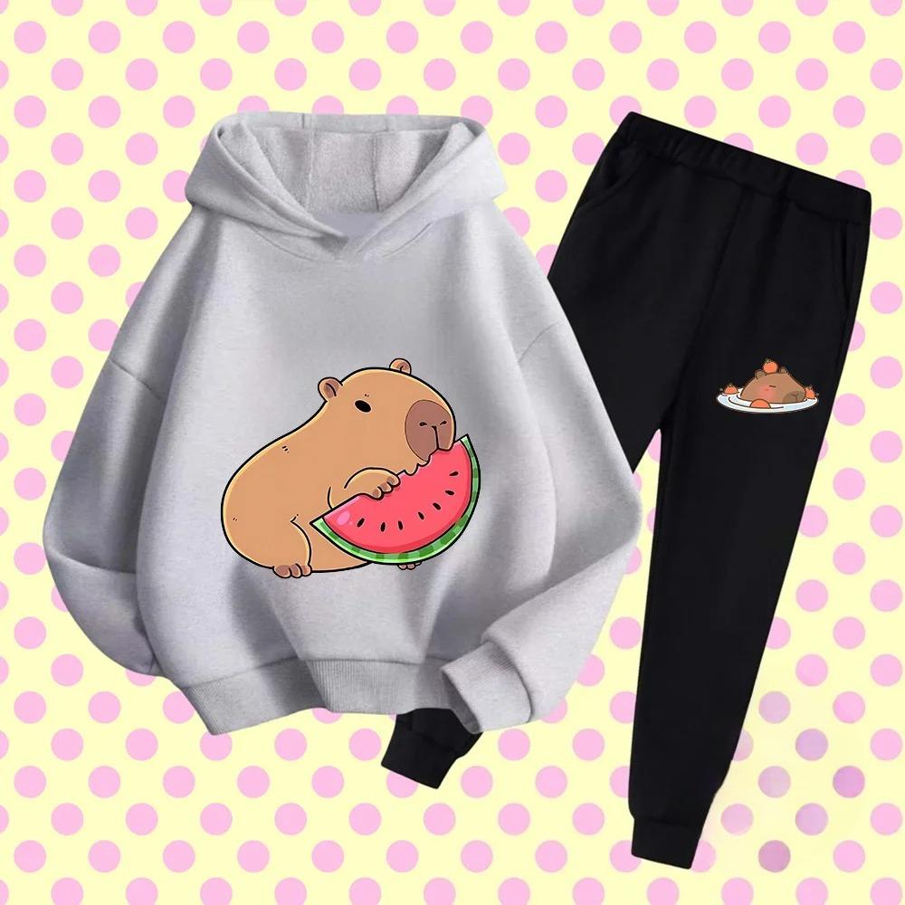 Autumn Winter New Capybara Cartoon Print Outfit Kids Hoodie Set Boys Girls 3-17 Casual Fashion Children's Set Trousers Pant Suit