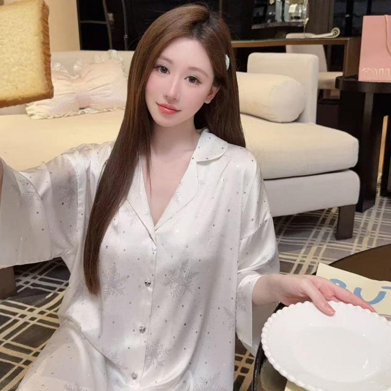 Ice silk pajamas women's snowflake thin broken diamonds spring and autumn summer new loungewear high-end lapel cardigan shirt skirt