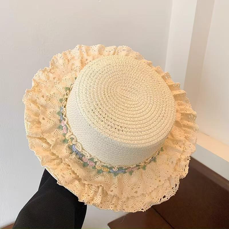 Lace Bow Straw Hat Women's Summer French Large Brim Sunscreen Hat Seaside Beach Vacation Sun Hat