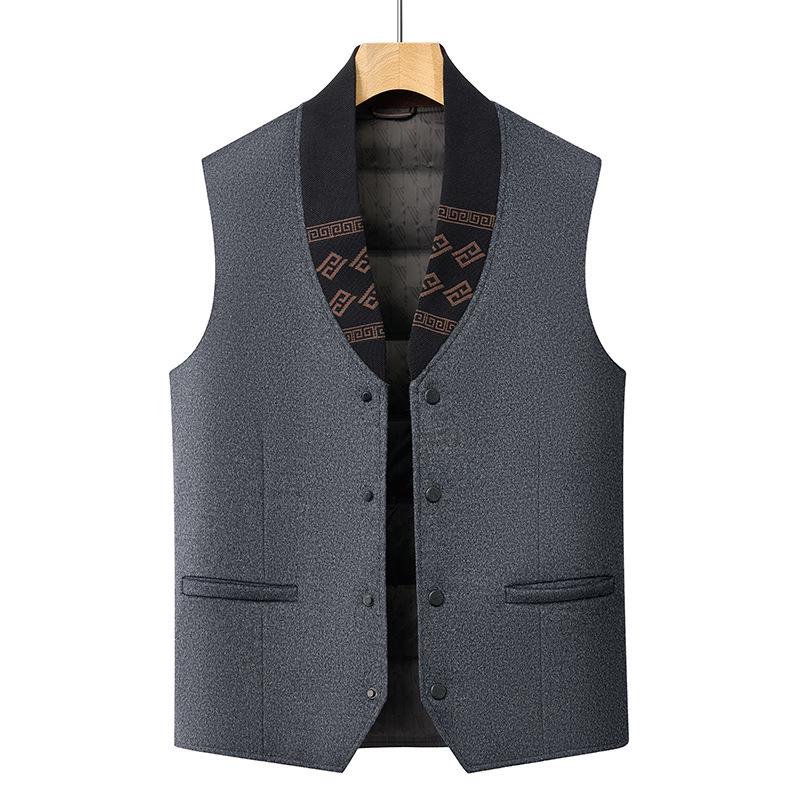 Men's 2025 Winter 100% Wool Tweed Down Vest - White Duck Down, Business Casual Style