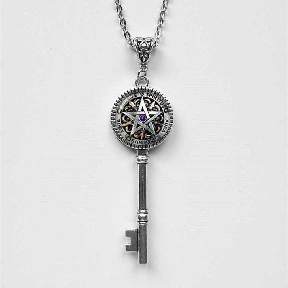 Fashion Classic Five-pointed Star Glass Key Pendant Necklace for Men Women Key of Solomon Magic Array Jewelry Accessories Gifts