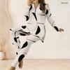 Women Plus Size Colorful Geometric Printed Half Zip Long Sleeve Long Top Fitted Pants Two Piece Set