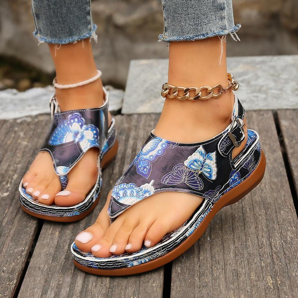 2024 Ethnic Style Plus Size Embroidered Floral Wedge Sandals with Back Strap for Women