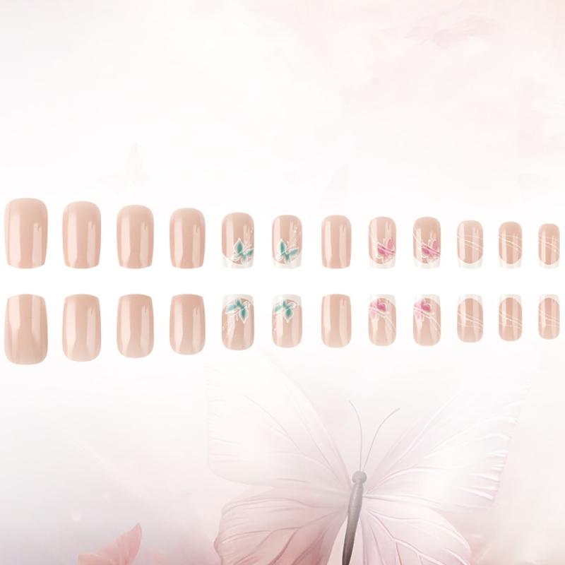 Packung mit 24 französischen Schmetterling Nagelkunstspitzen künstliche Nägel elegantes Design für sofortige Anwendung Naturweiß-Effekt