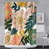 Boho Floral Bathroom Shower Curtain - Tropical Green Leaves, Pink Flowers - Waterproof Polyester Fabric - Mid Century Modern