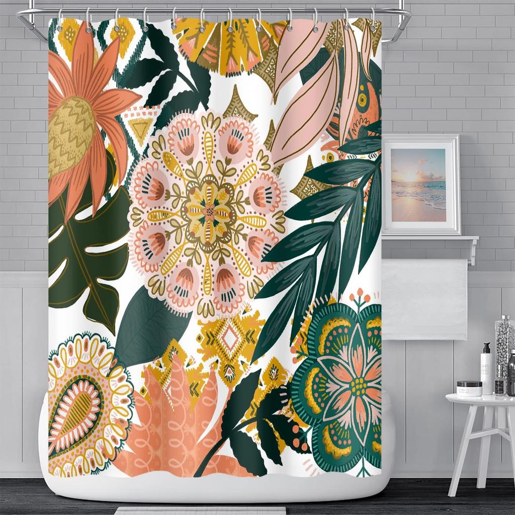 Boho Floral Bathroom Shower Curtain - Tropical Green Leaves, Pink Flowers - Waterproof Polyester Fabric - Mid Century Modern