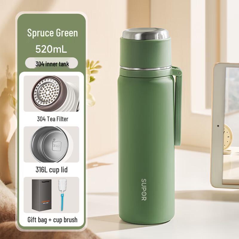 Supor 316L Stainless Steel Insulated Water Bottle with Tea Filter, 520ml