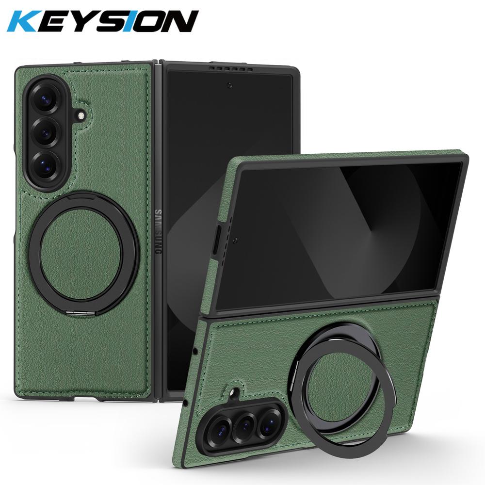 KEYSION 360° Rotating Magnetic Ring Stand PU Leather Case for MagSafe for Samsung Z Fold 7 5G Wireless Charging Phone Back Cover