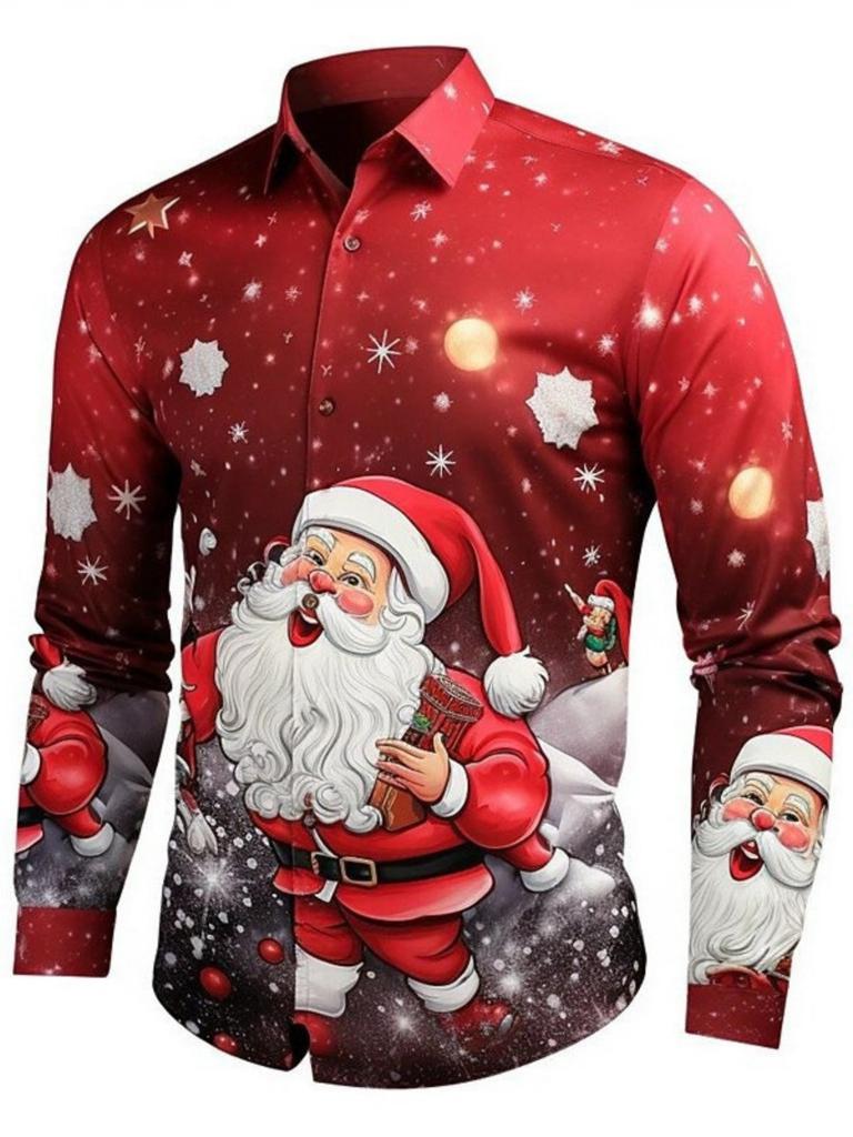 Kerstman Print Lange Mouwen Shirt, Feestelijke Kleding