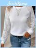 European 2025 American Solid Lace Long Sleeve Hollow Round Neck Casual Womens Tshirt