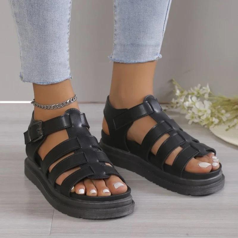 Fashion Women Sandals 2025 Summer Toe Buckle Openwork Braided Gears Platform Sandals Female PU Leather Roman Beach Black Hollow Shoes