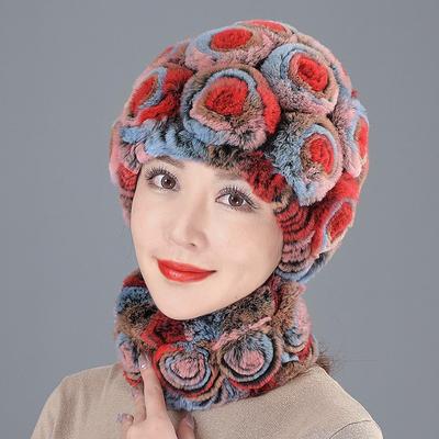 Women's Autumn and Winter Warm Hat Mother Fashion Ear Hat Fur Rex Rabbit Hair Scarf Set Thickened