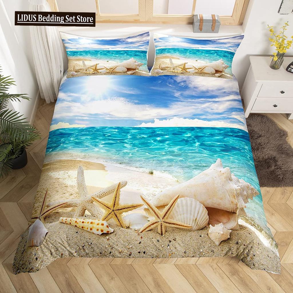 Letni Zestaw Poszwy na Kołdrę Queen Plażowy Zestaw Pościeli Oceanicznej Hawajskie Palmy Życie Morskie Fale Morskie Ryby Nadruk Zestaw Poszwy na Kołdrę