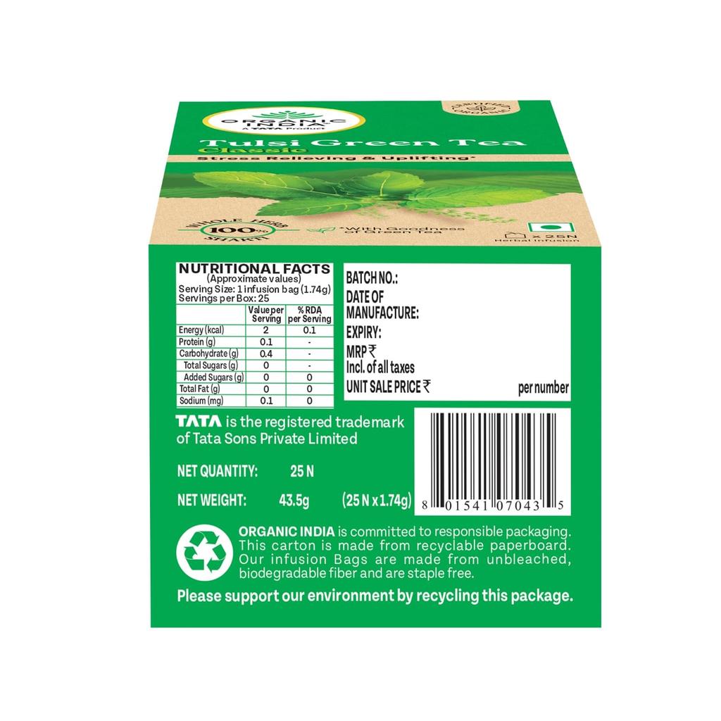 ORGANIC INDIA Tulsi Green Tea Classic 25 Tea Bags Uplifts Mood Rich Antioxidants Rama Krishna Vana